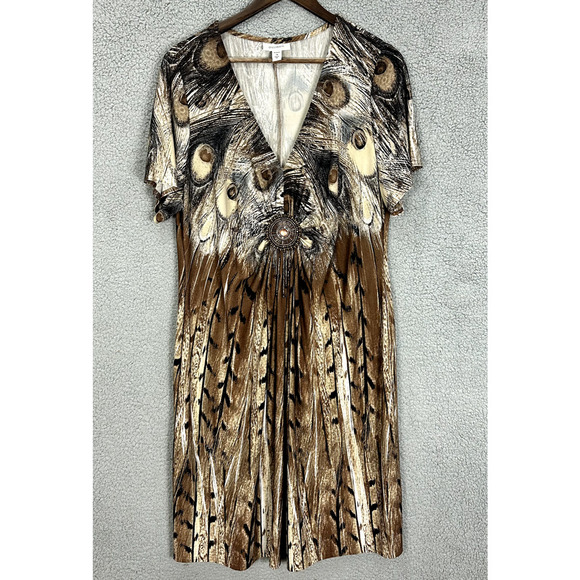 Vintage Y2K Dressbarn Dress Womens‎ 18 Brown Peacock Print Babydoll Beaded Boho - Picture 1 of 8